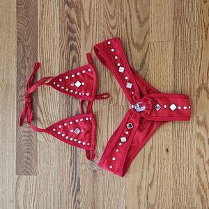 Roma Costume 2 piece red satin with mirror and rhinestone detail rave set